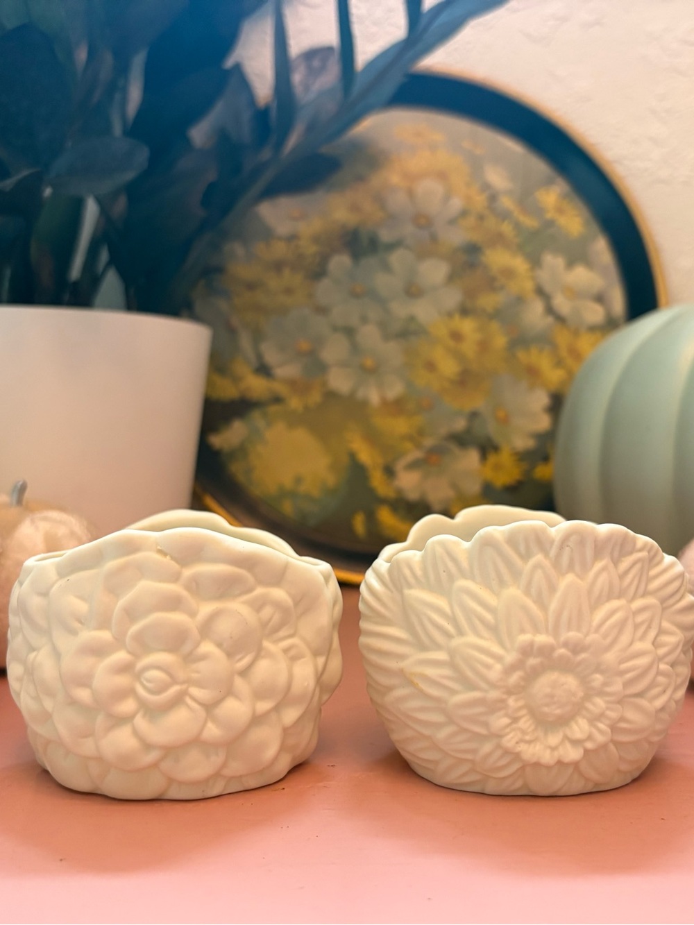 Vintage PartyLite White Floral Ceramic Tea Light Holders - Pair